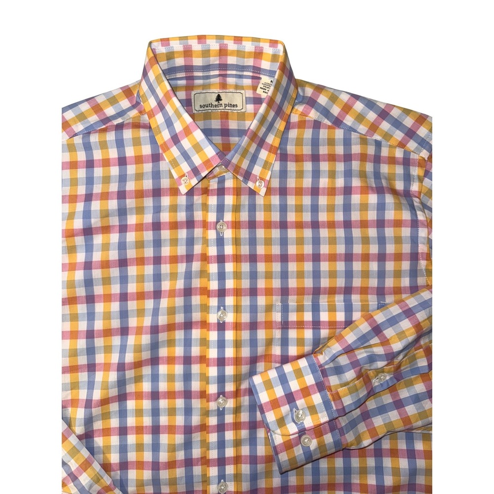 Southern Pines Mens Medium Gingham Check Button Down Shirt Orange Blue Purple‎
